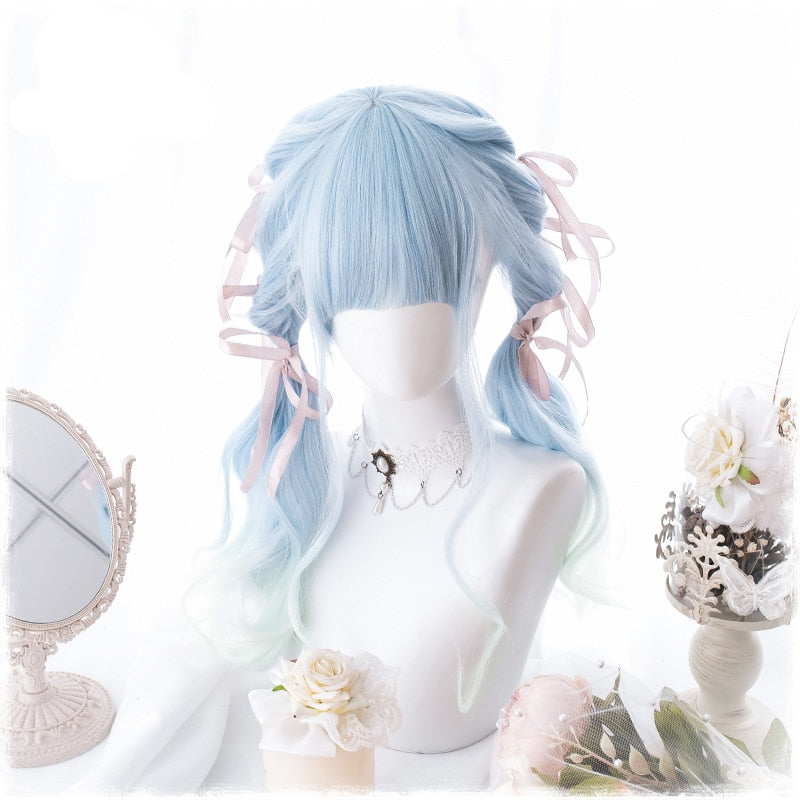 Kawaii Blue Long Curly Wig + Wig Cap